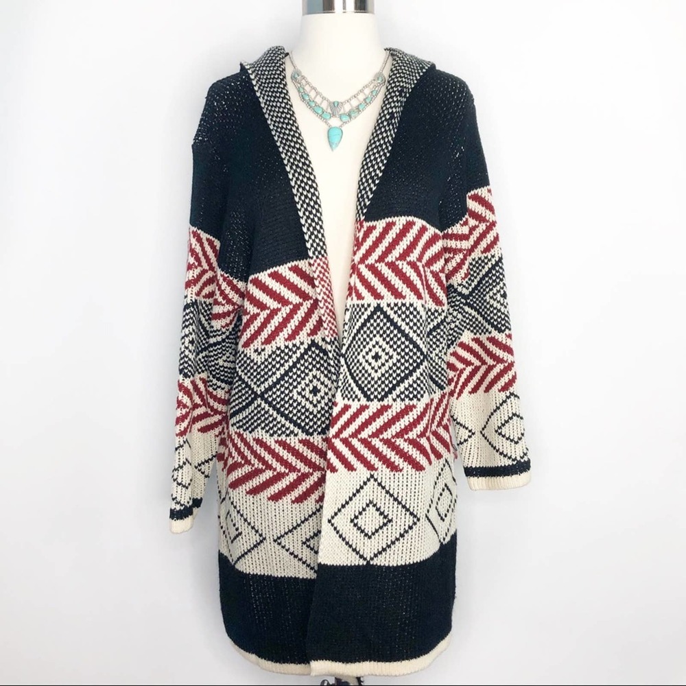 BOHO Longline Cardigan Hoodie Small Red Black - Picture 2 of 6